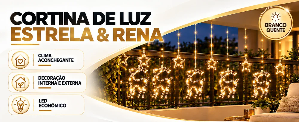 Cortina de luz estrela e rena em branco quente: clima aconchegante e LED econômico